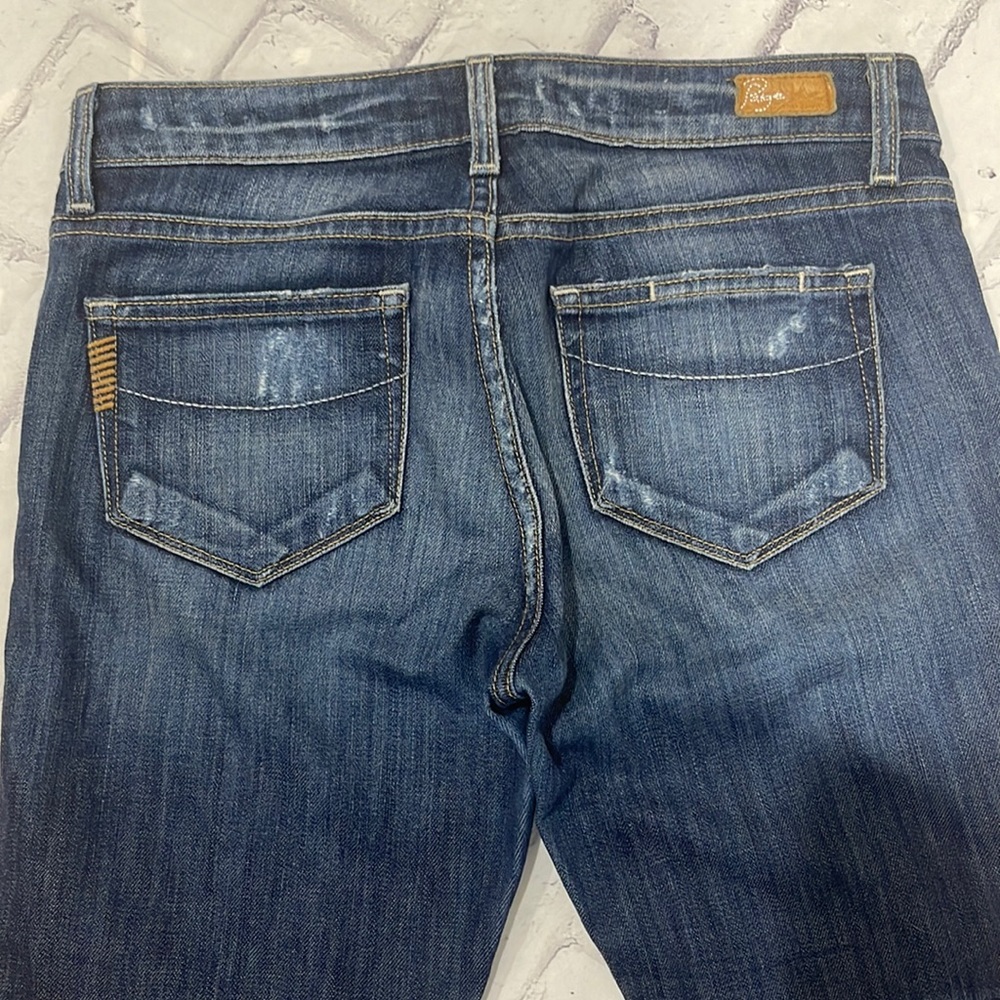 Paige Skyline Mid-Rise Jeans Light Distressing Skinny Straight Dark Wash Denim - Picture 5 of 11